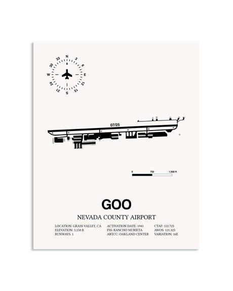 Gray Nevada County Airport framed poster displayed in an airplane hangar