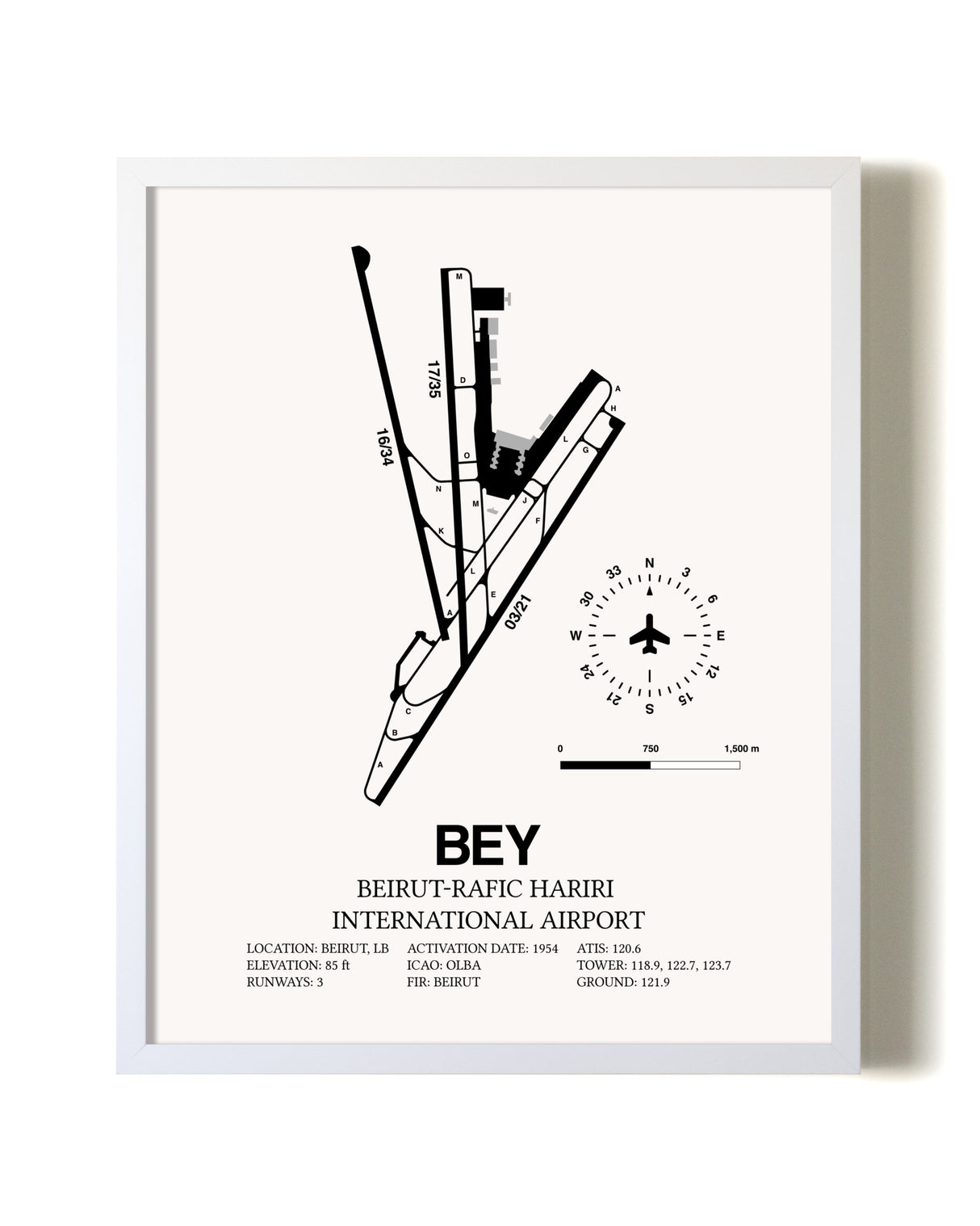 Beirut-Rafic Hariri International Airport airport map poster in oak frame