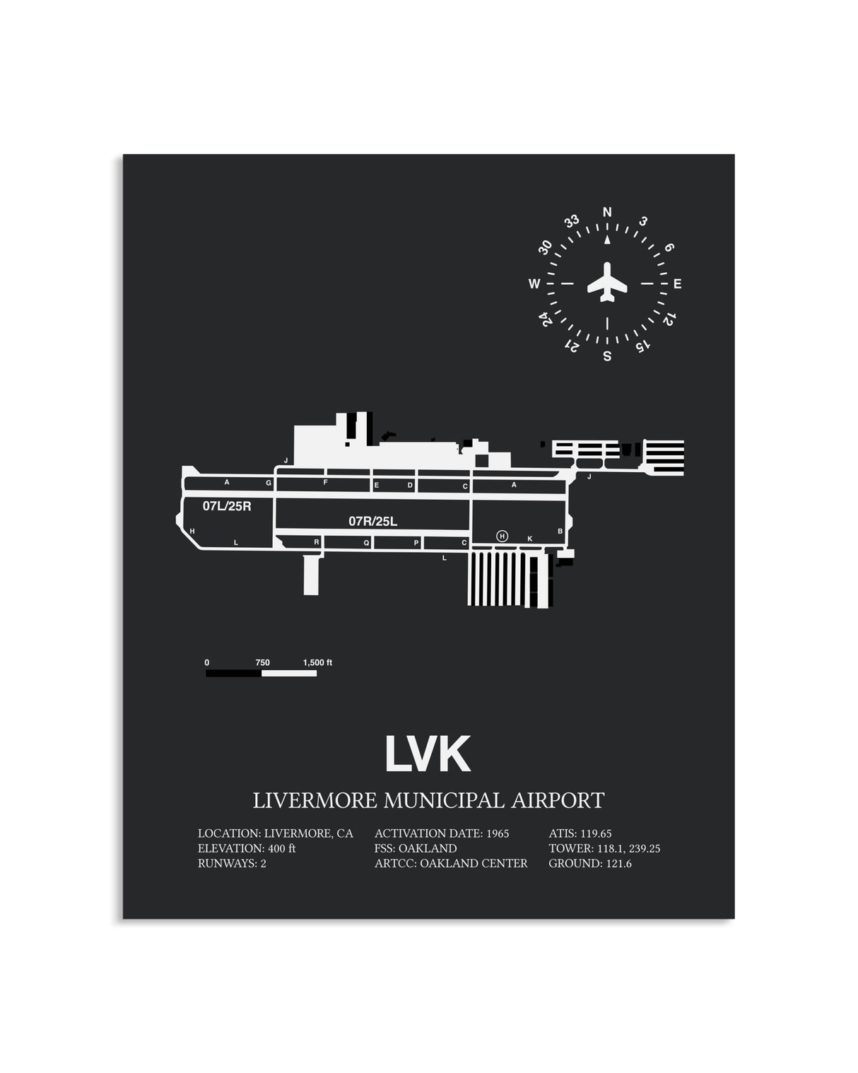 Gray Framed Livermore Municipal Airport layout wall art poster