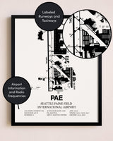 Framed Seattle Paine Field International Airport layout wall art poster