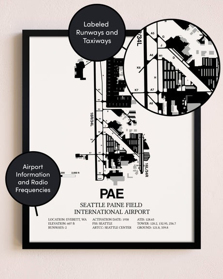 Framed Seattle Paine Field International Airport layout wall art poster