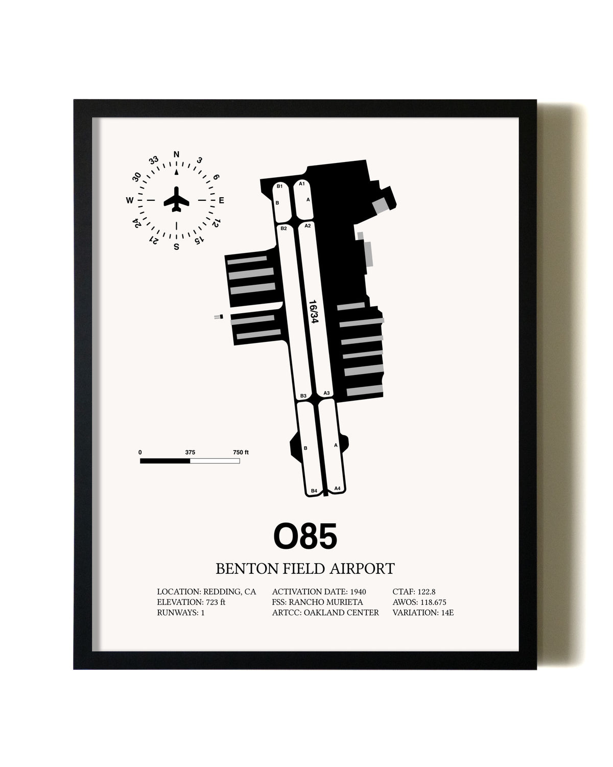 Framed Benton Field Airport wall art poster in black frame