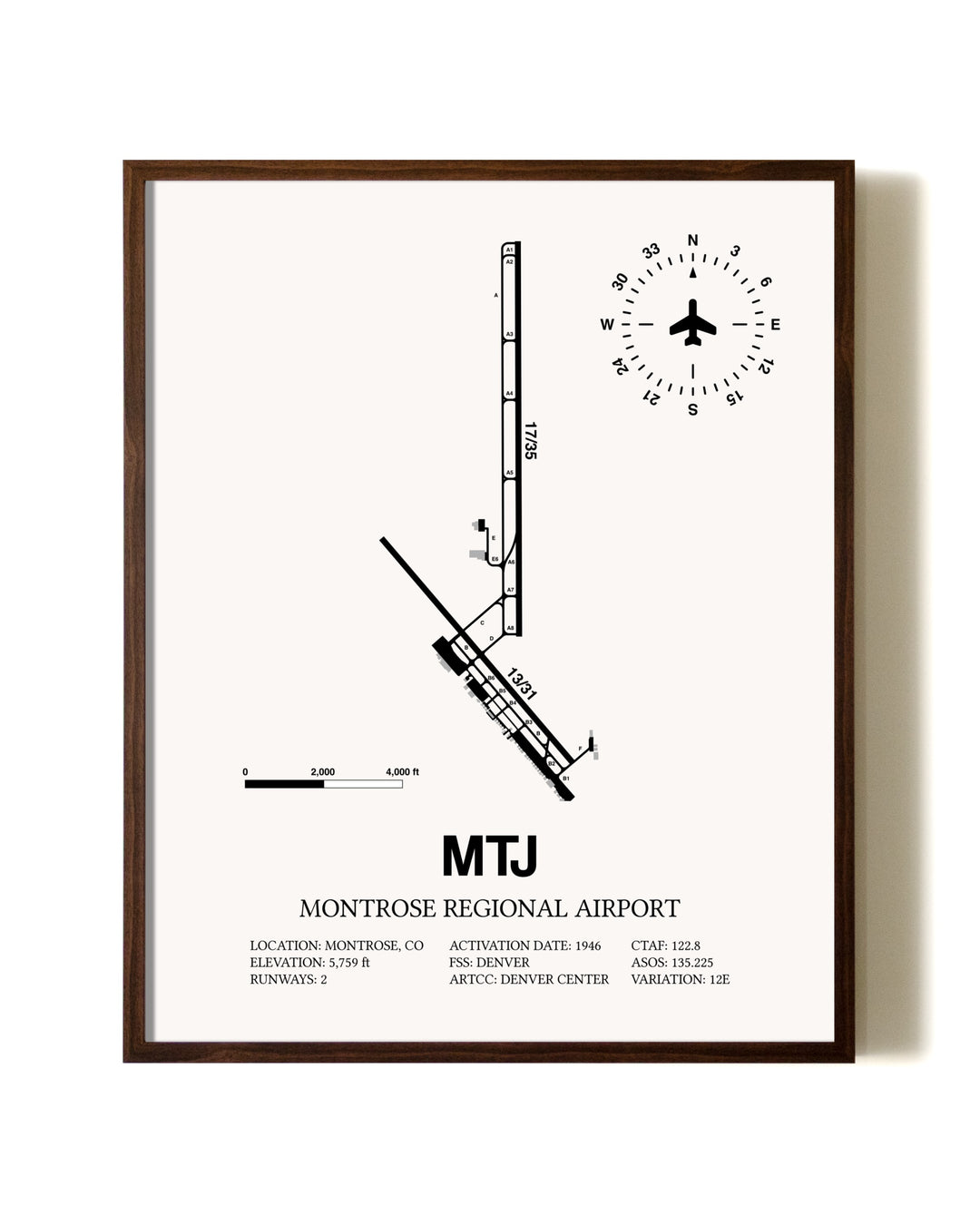 Montrose Regional Airport aviation print in walnut frame