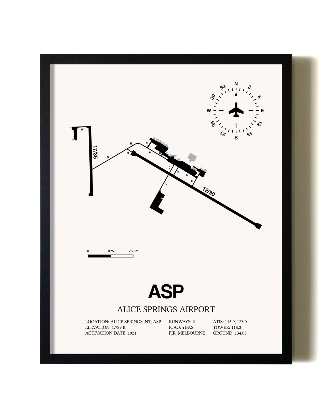 Framed Alice Springs Airport wall art poster in black frame