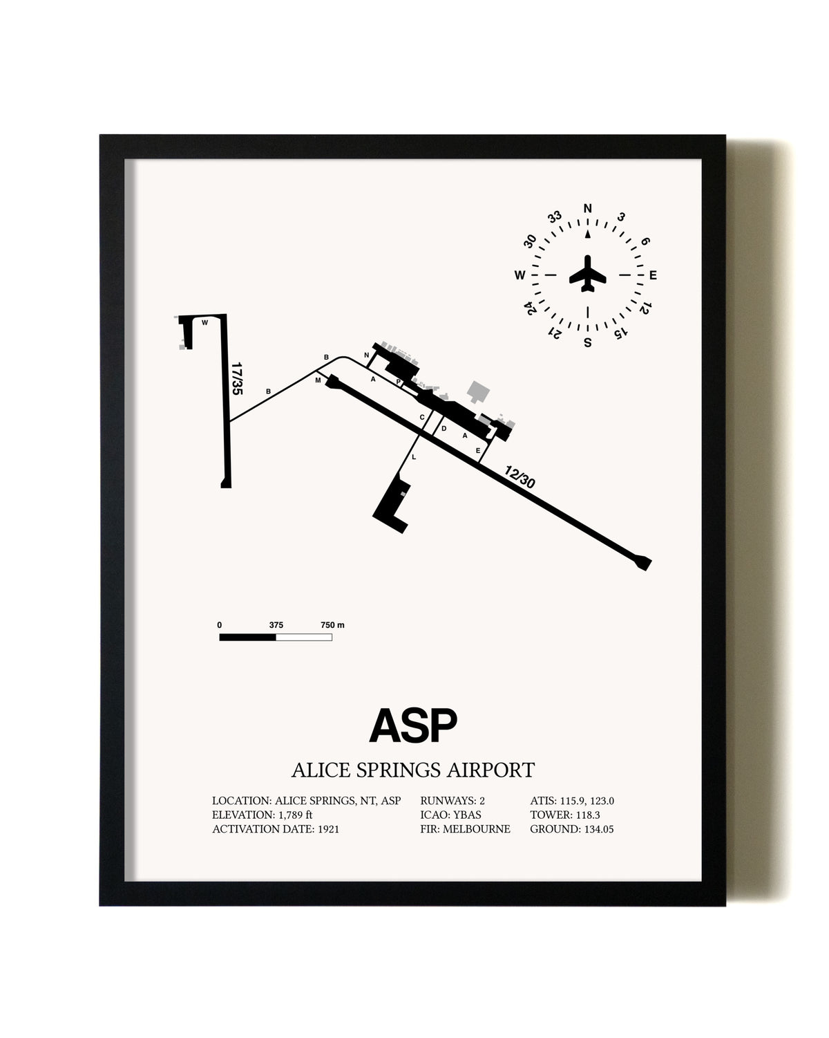 Framed Alice Springs Airport wall art poster in black frame