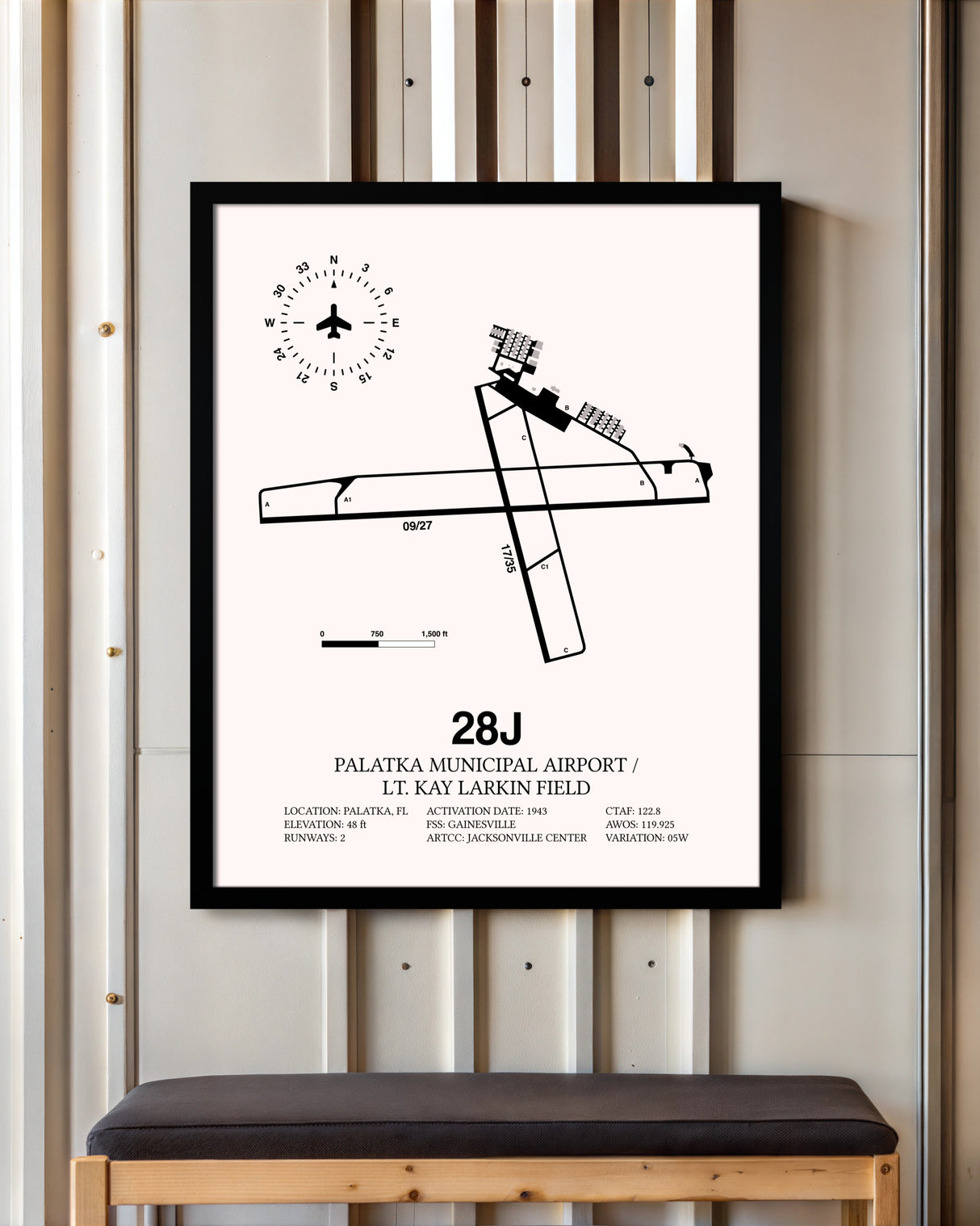 Palatka Municipal Airport / Lt. Kay Larkin Field framed poster displayed in an airplane hangar