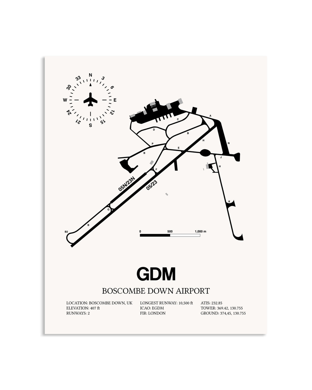 Gray Boscombe Down Airport framed poster displayed in an airplane hangar