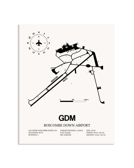 Gray Boscombe Down Airport framed poster displayed in an airplane hangar