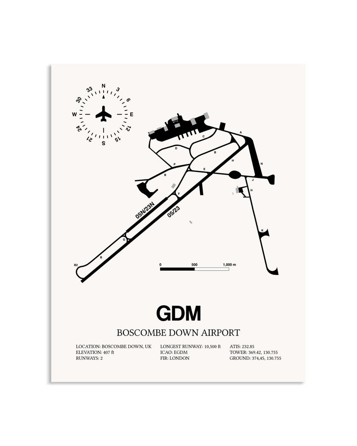 Gray Boscombe Down Airport framed poster displayed in an airplane hangar