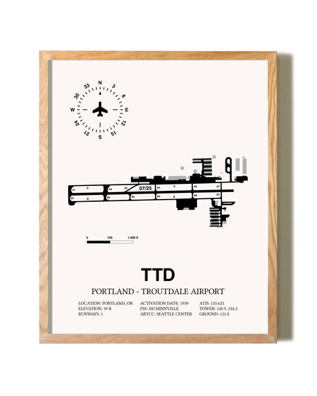 Portland-Troutdale Airport framed print in natural wood frame