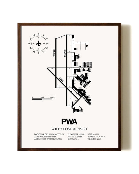 Wiley Post Airport aviation print in walnut frame