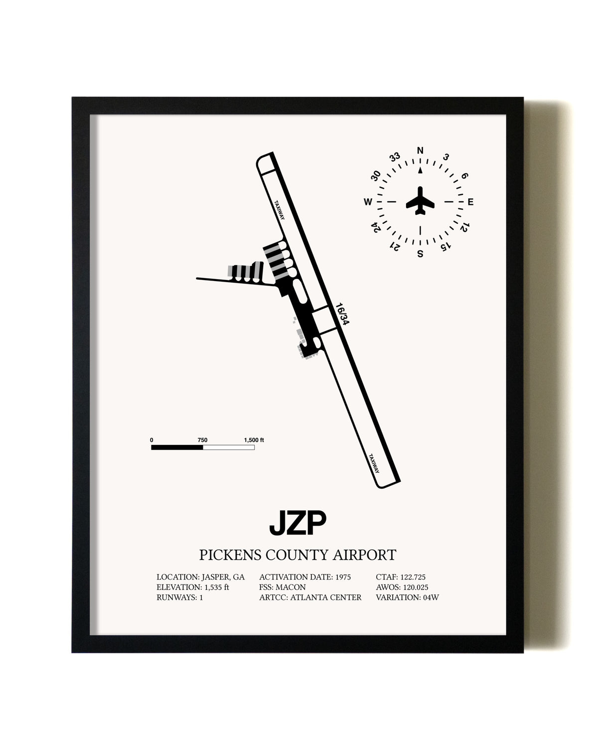 Framed Pickens County Airport wall art poster in black frame