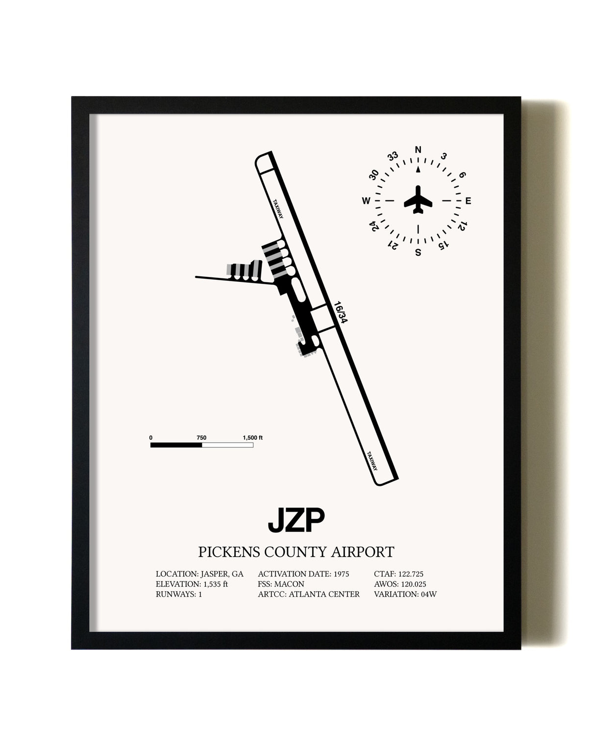 Framed Pickens County Airport wall art poster in black frame