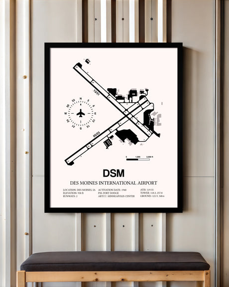 Des Moines International Airport framed poster displayed in an airplane hangar