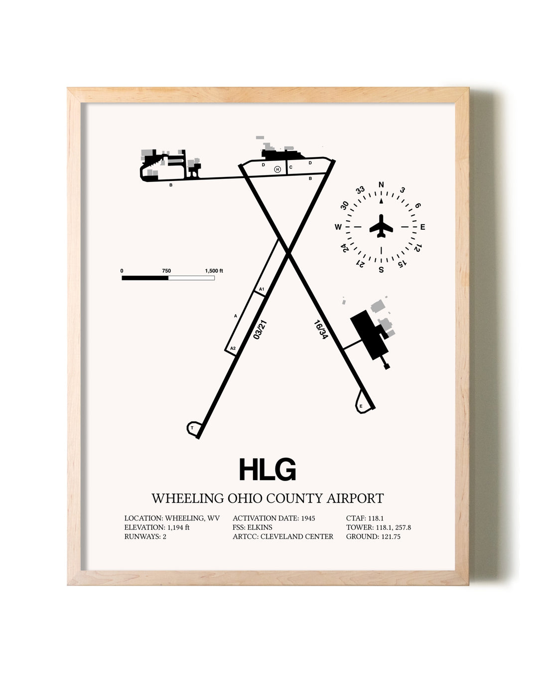 Wheeling Ohio County Airport framed wall art in white frame