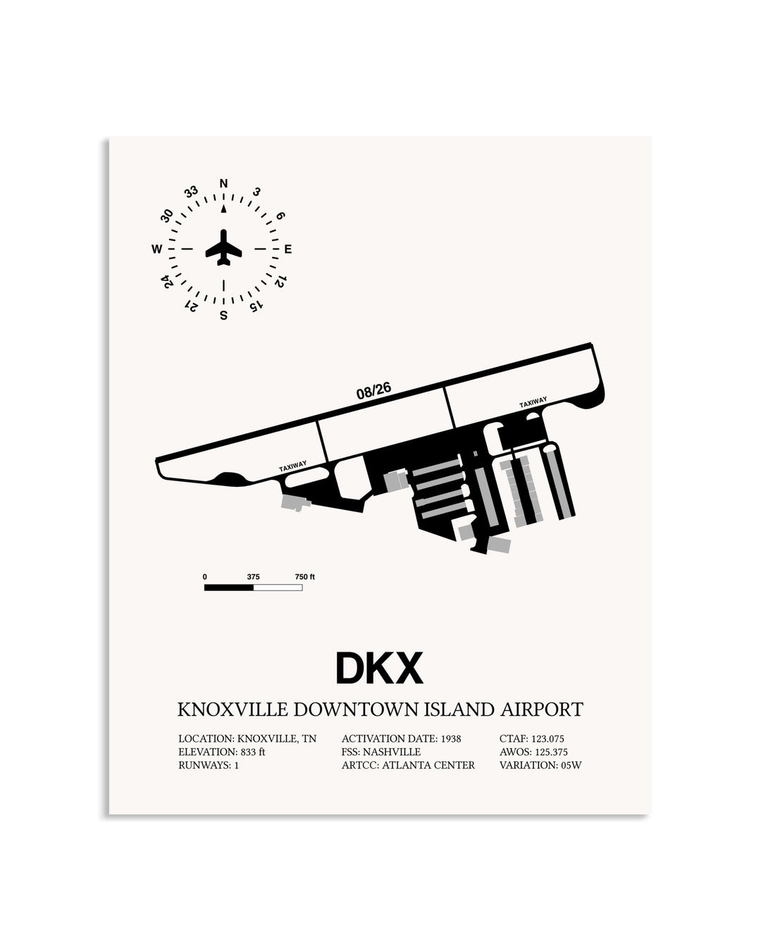 Gray Knoxville Downtown Island Airport framed poster displayed in an airplane hangar