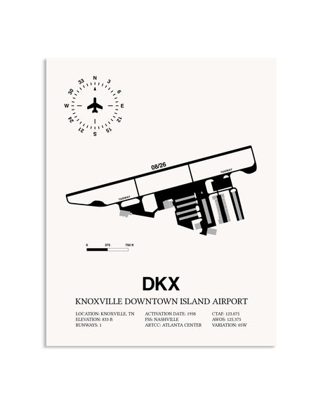 Gray Knoxville Downtown Island Airport framed poster displayed in an airplane hangar
