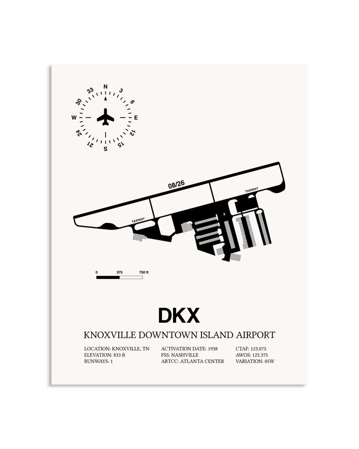 Gray Knoxville Downtown Island Airport framed poster displayed in an airplane hangar