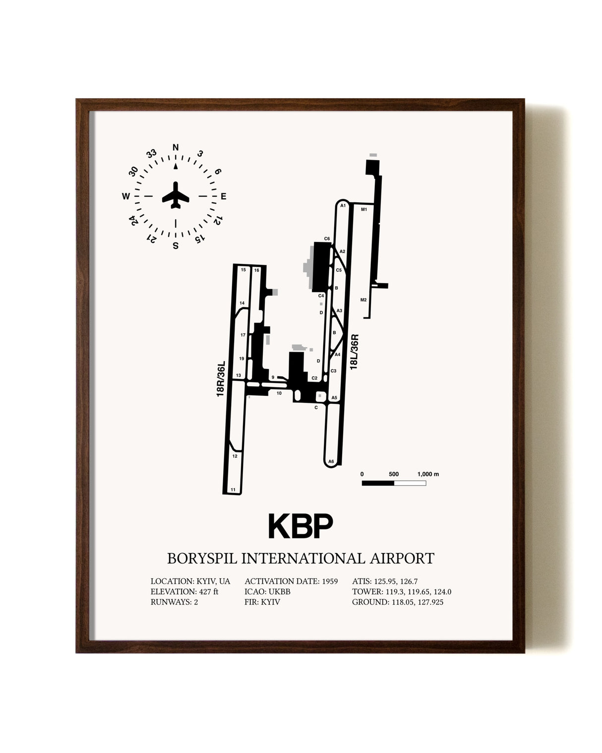 Boryspil International Airport aviation print in walnut frame