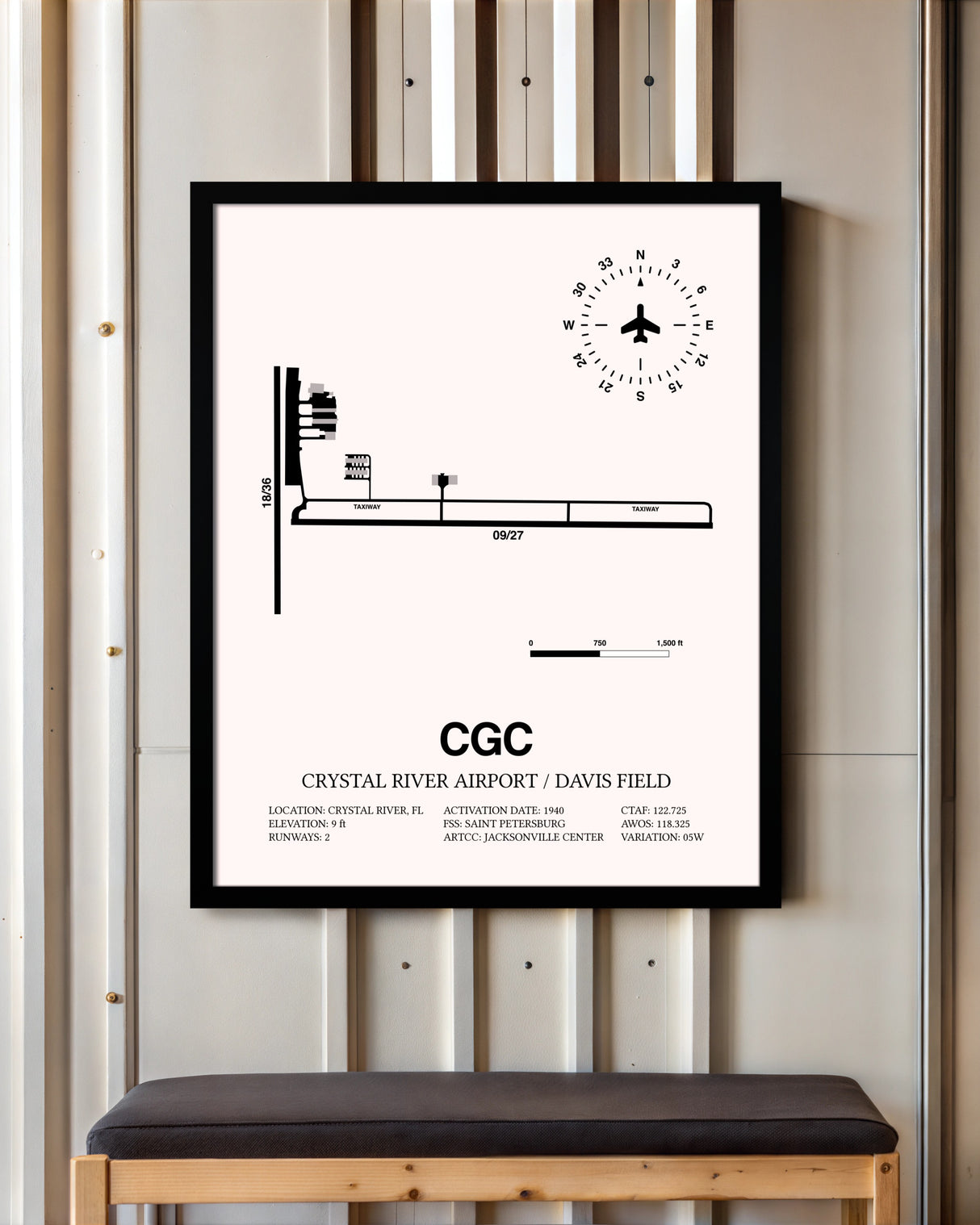 Crystal River Airport / Davis Field framed poster displayed in an airplane hangar