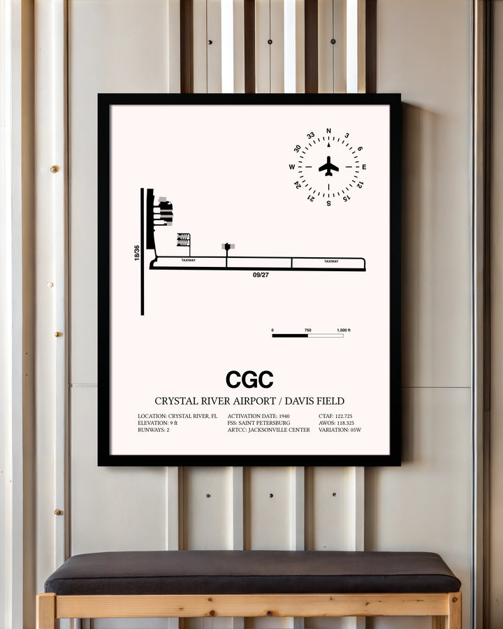 Crystal River Airport / Davis Field framed poster displayed in an airplane hangar