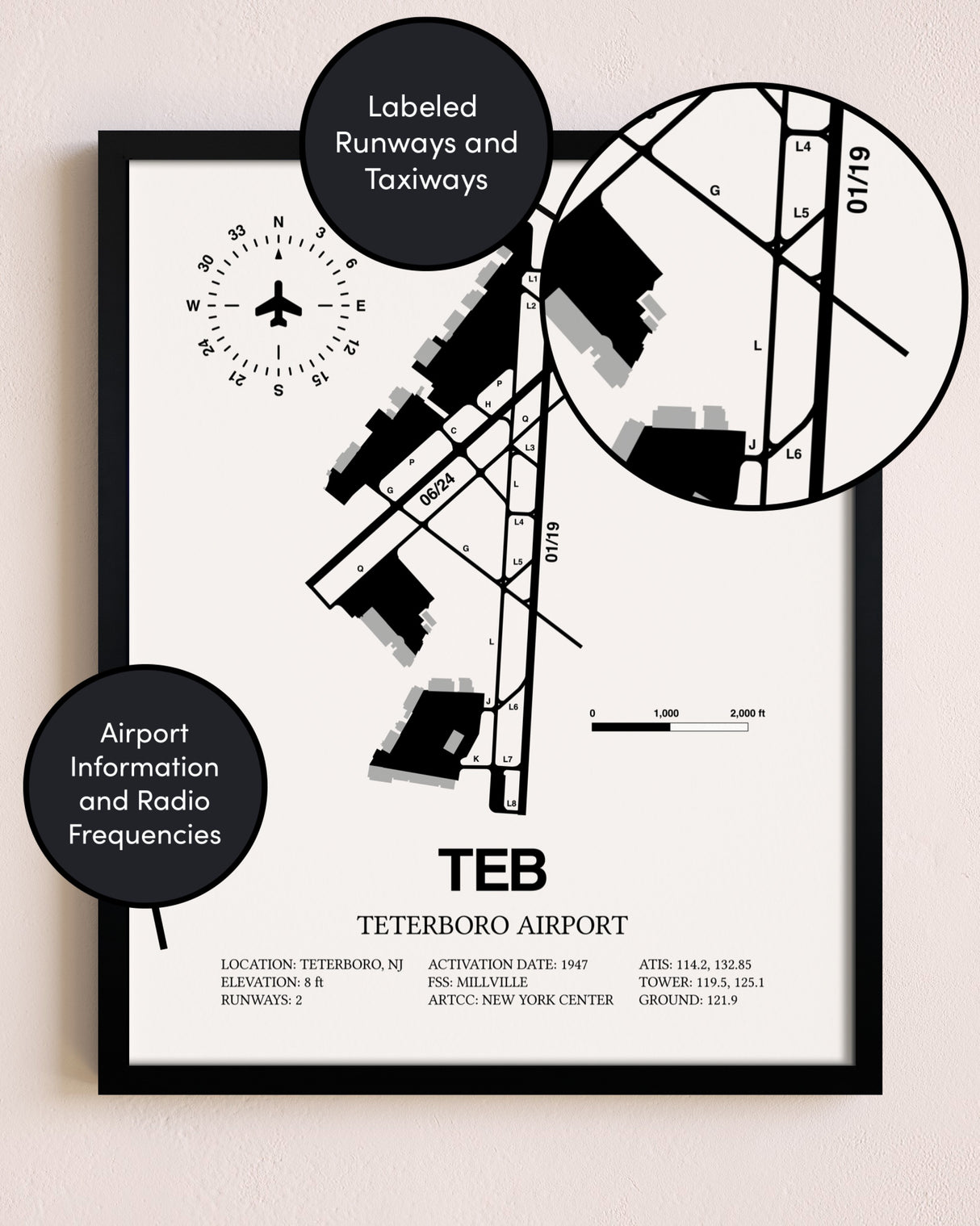 Framed Teterboro Airport layout wall art poster