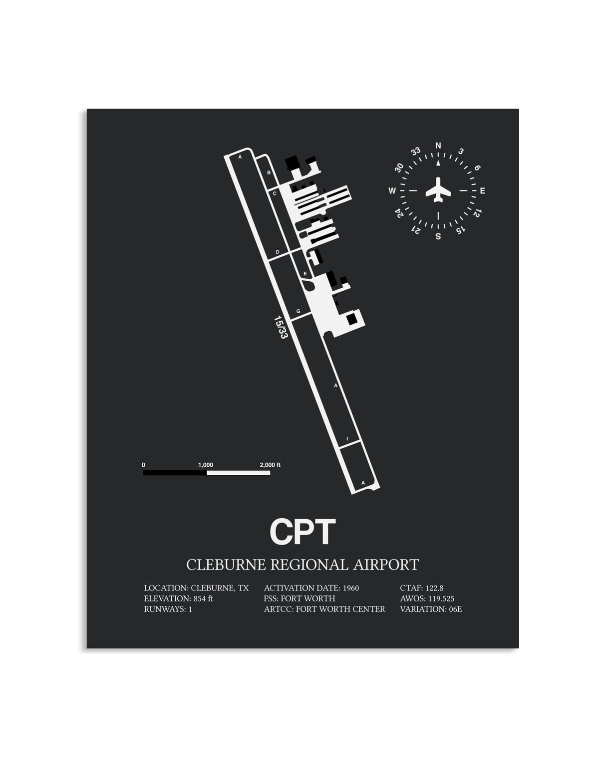 Gray Framed Cleburne Regional Airport layout wall art poster