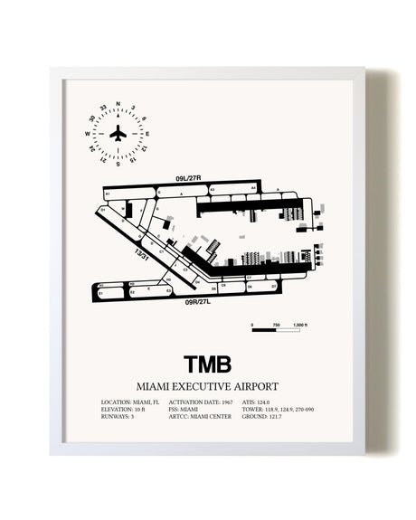Miami Executive Airport airport map poster in oak frame