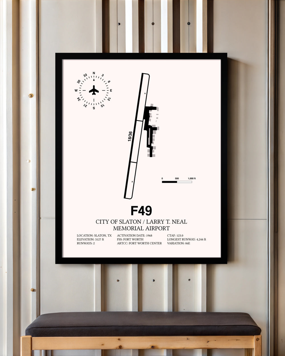 City Of Slaton / Larry T. Neal Memorial Airport framed poster displayed in an airplane hangar