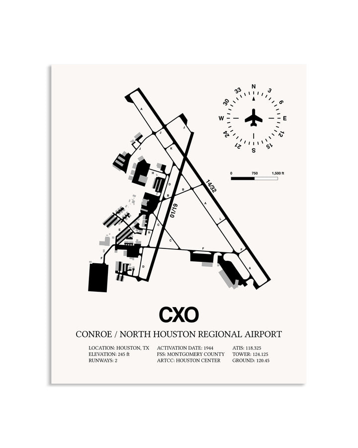 Gray Conroe / North Houston Regional Airport framed poster displayed in an airplane hangar