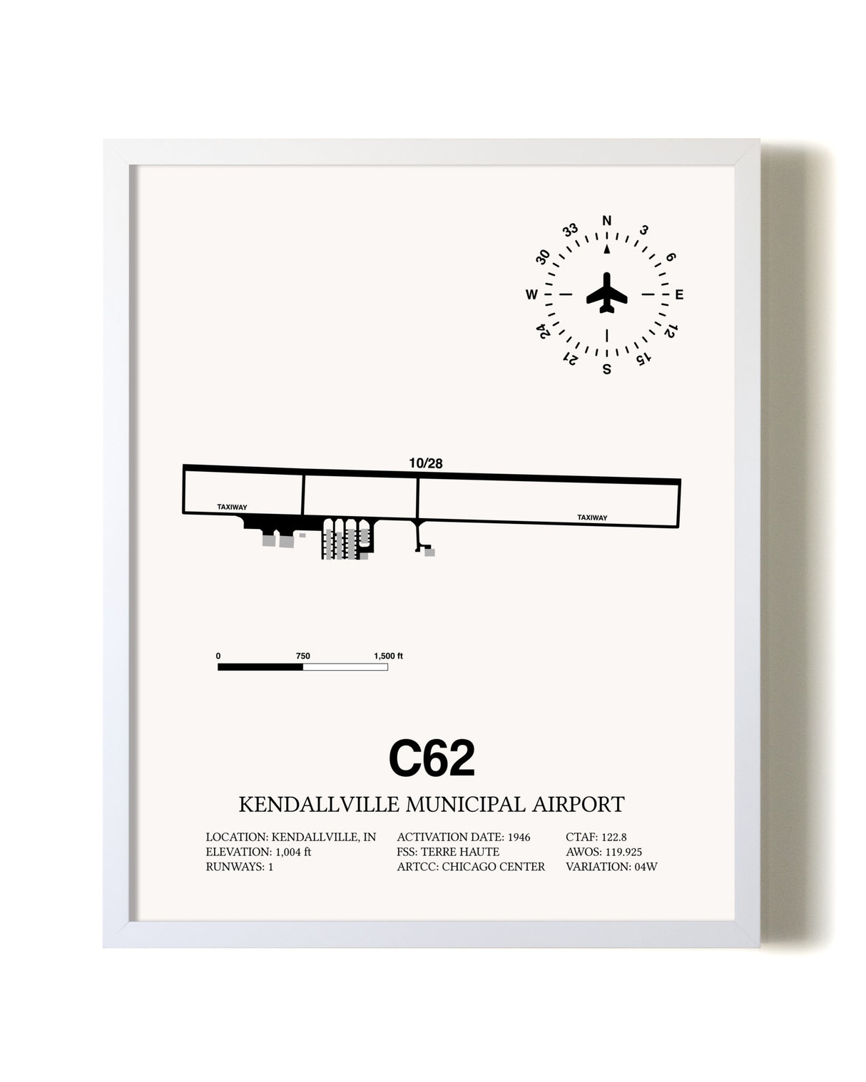 Kendallville Municipal Airport airport map poster in oak frame