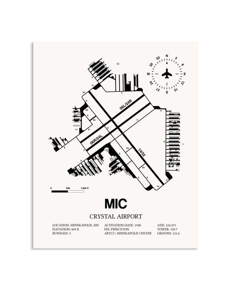Gray Crystal Airport framed poster displayed in an airplane hangar