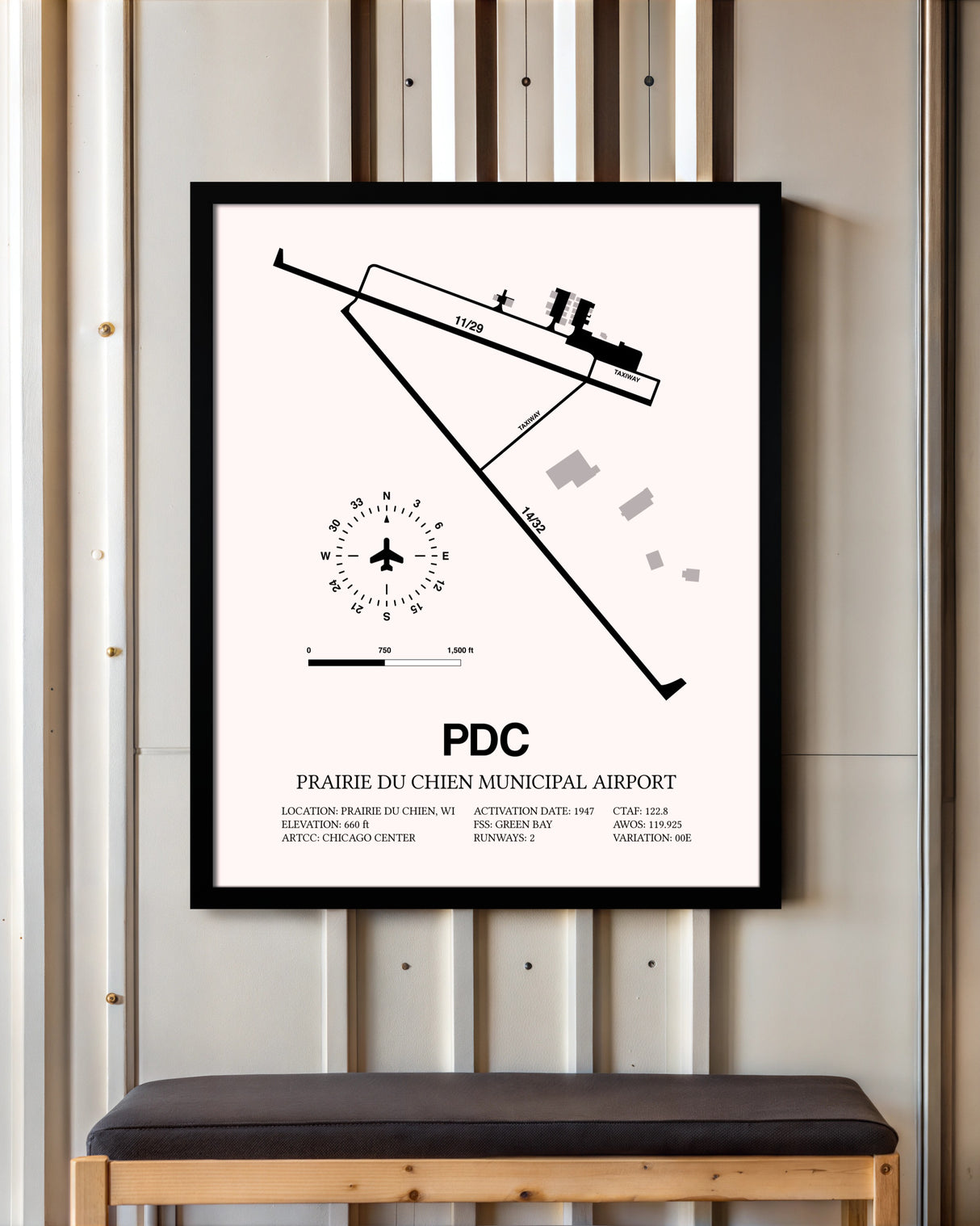 Prairie Du Chien Municipal Airport framed poster displayed in an airplane hangar