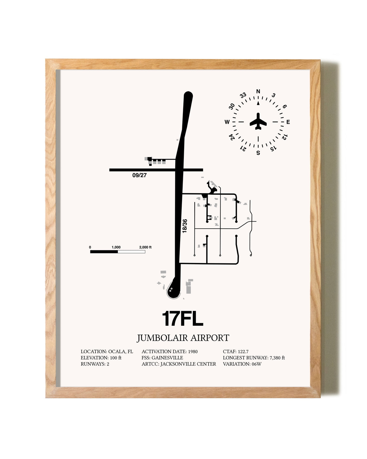 Jumbolair Airport framed print in natural wood frame
