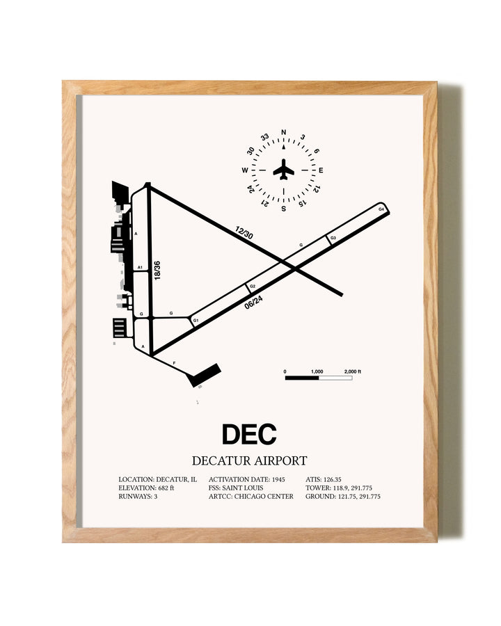 Decatur Airport framed print in natural wood frame