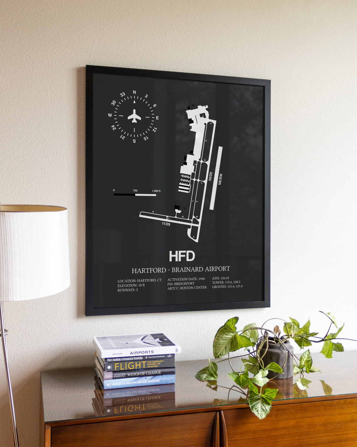 Gray Framed Hartford-Brainard Airport wall art poster in black frame