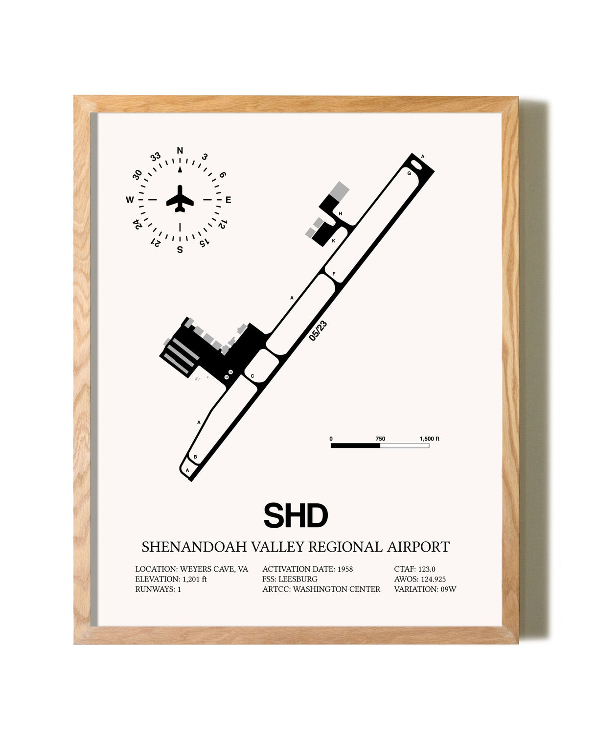 Shenandoah Valley Regional Airport framed print in natural wood frame