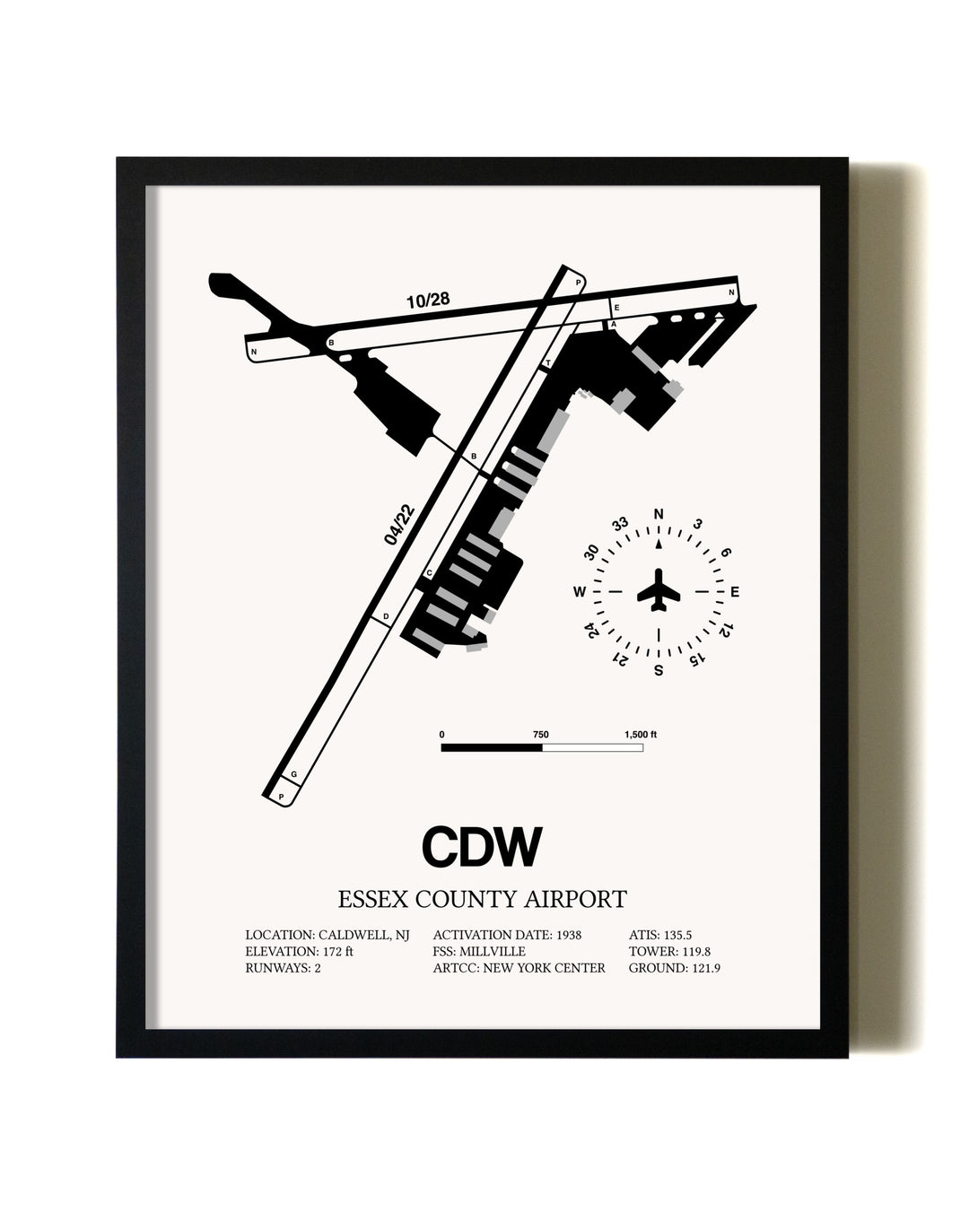 Framed Essex County Airport wall art poster in black frame