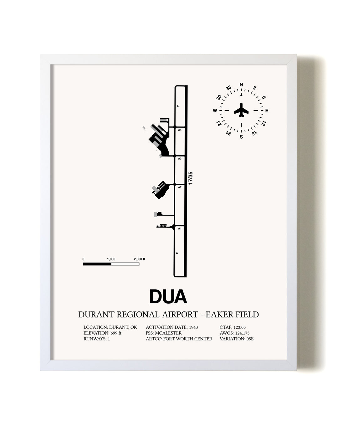 Durant Regional Airport-Eaker Field airport map poster in oak frame
