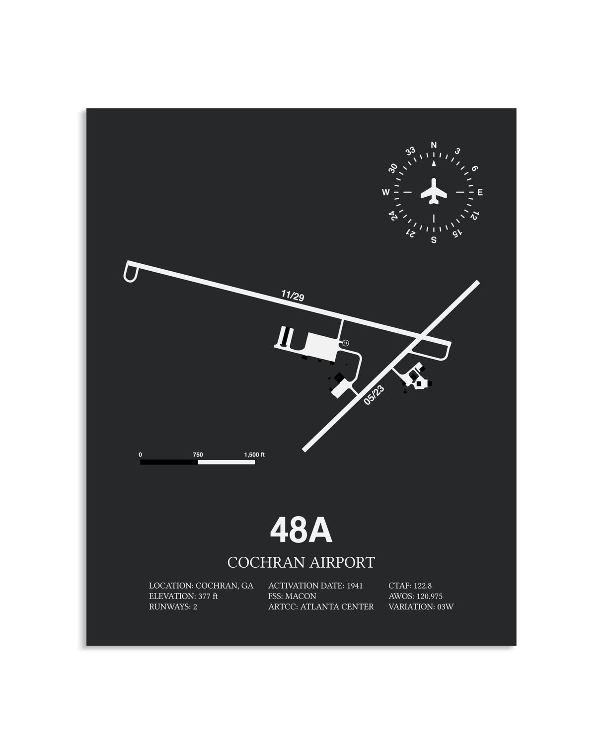 Gray Framed Cochran Airport layout wall art poster