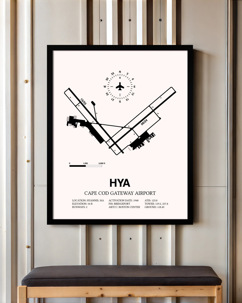 Cape Cod Gateway Airport framed poster displayed in an airplane hangar
