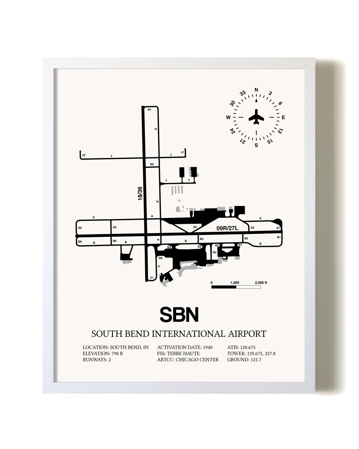South Bend International Airport airport map poster in oak frame