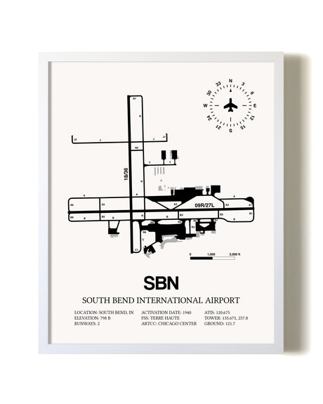 South Bend International Airport airport map poster in oak frame