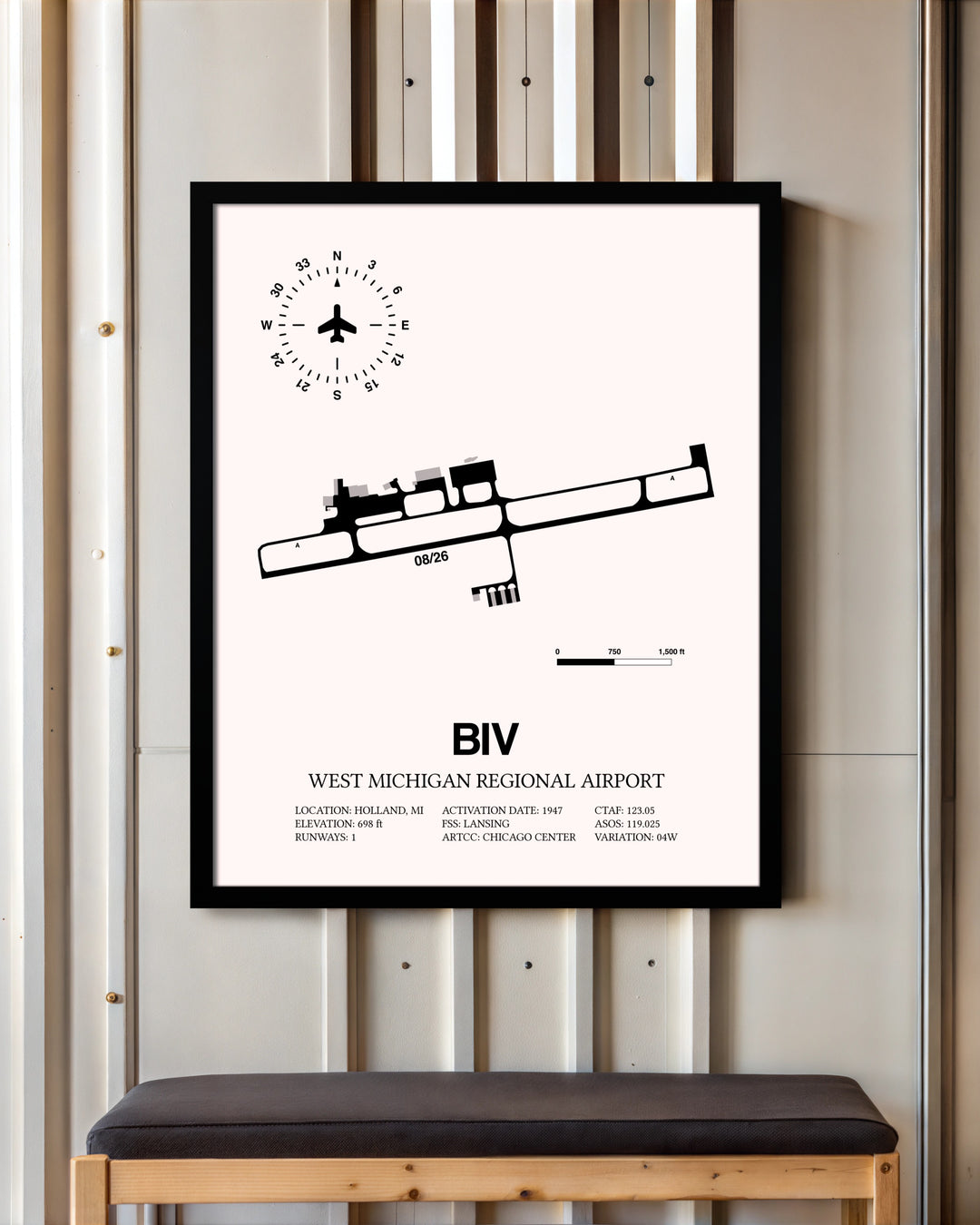 West Michigan Regional Airport framed poster displayed in an airplane hangar