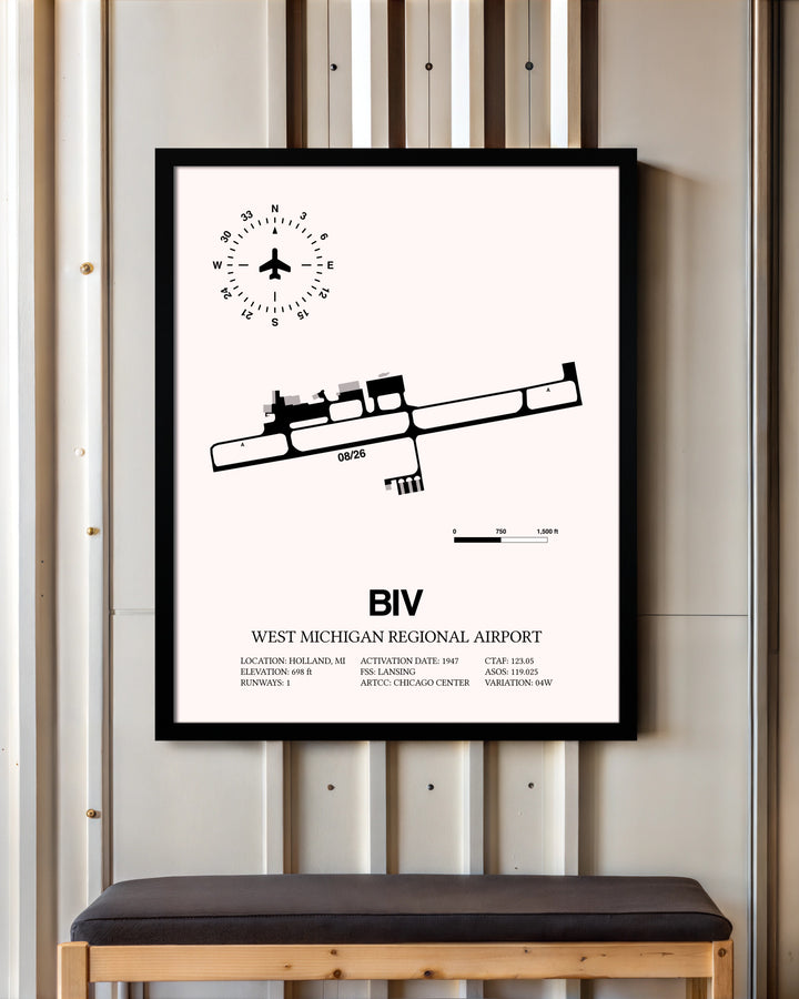 West Michigan Regional Airport framed poster displayed in an airplane hangar
