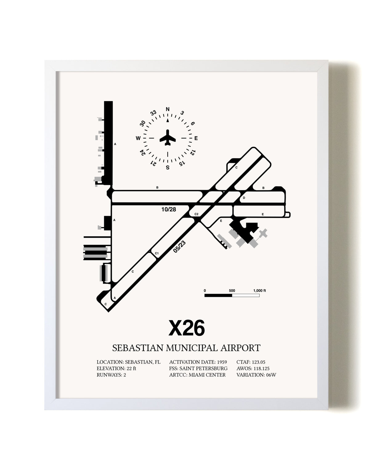 Sebastian Municipal Airport airport map poster in oak frame