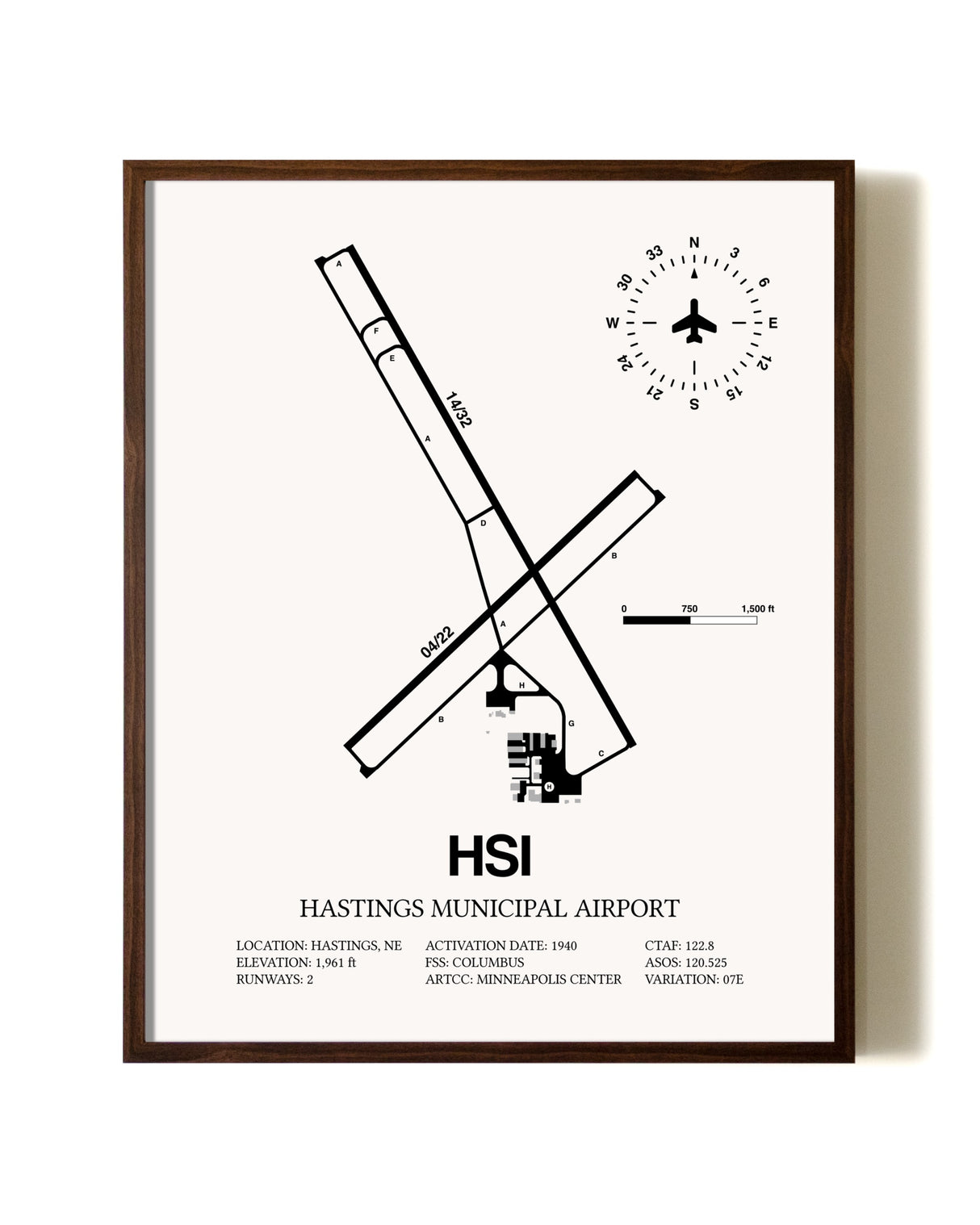 Hastings Municipal Airport aviation print in walnut frame