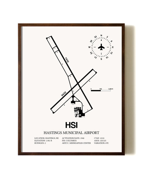 Hastings Municipal Airport aviation print in walnut frame