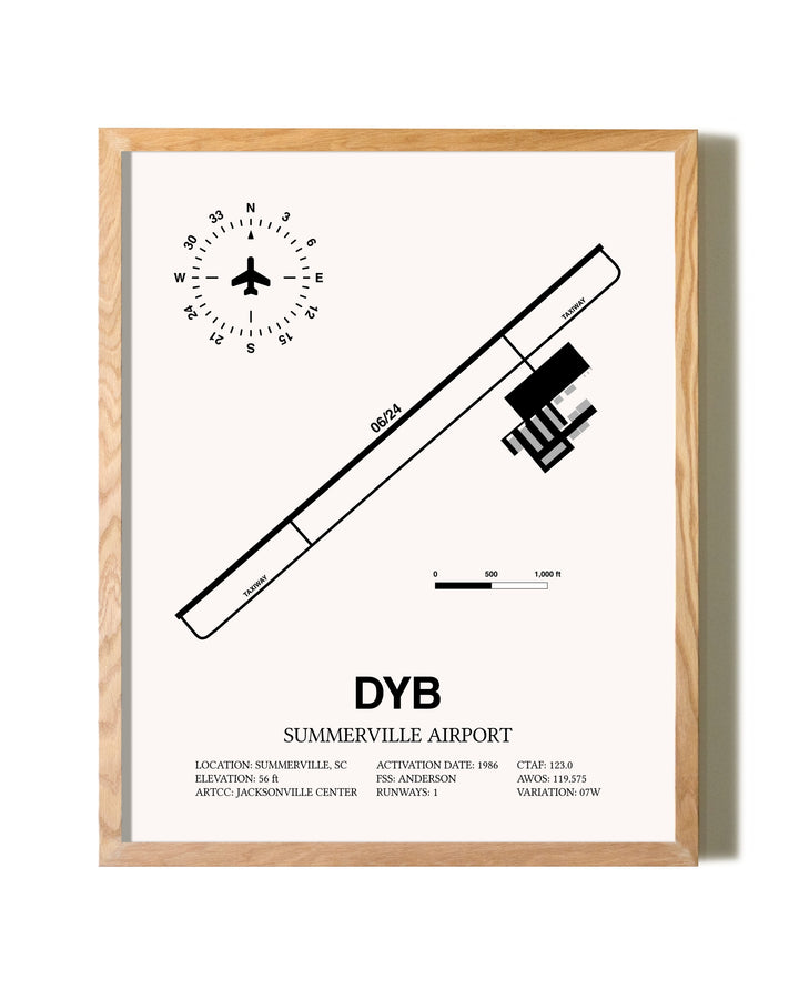 Summerville Airport framed print in natural wood frame
