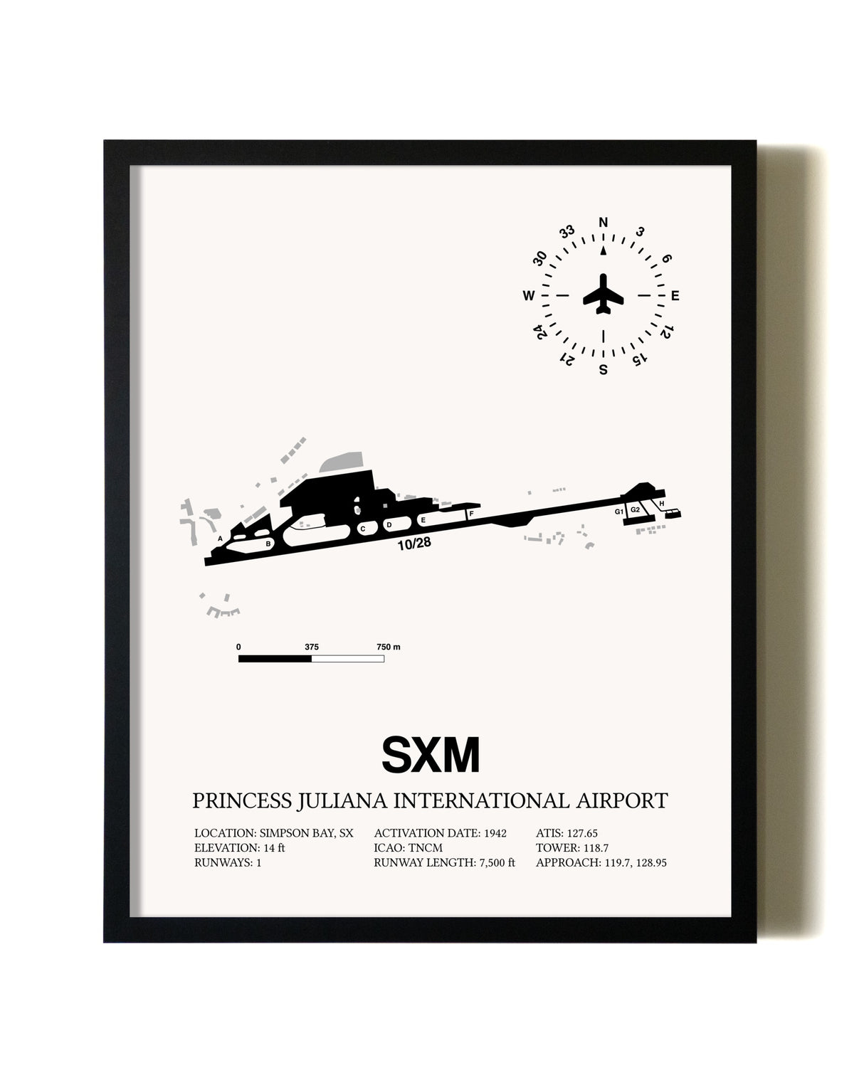 Framed Princess Juliana International Airport wall art poster in black frame
